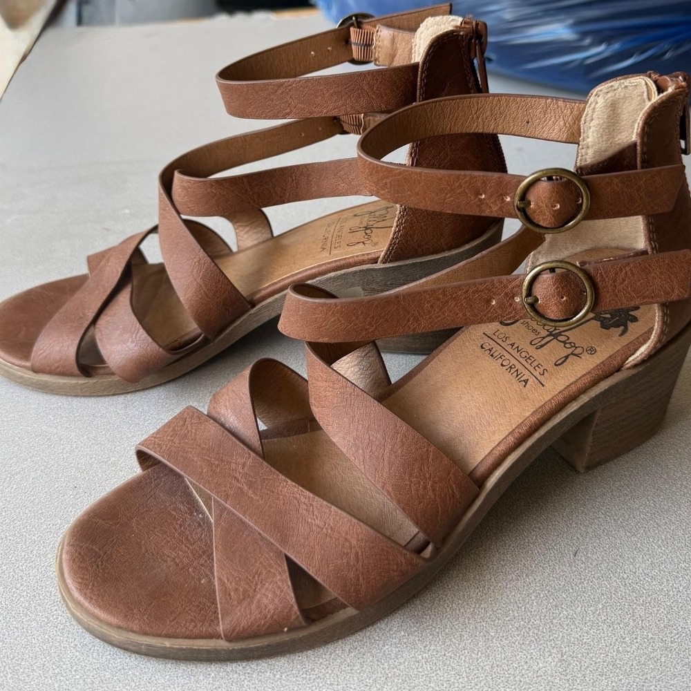 Jellypop Brown Strappy Block Heel Sandals, Multi-Strap, Dual Ankle Buckles W 7M
